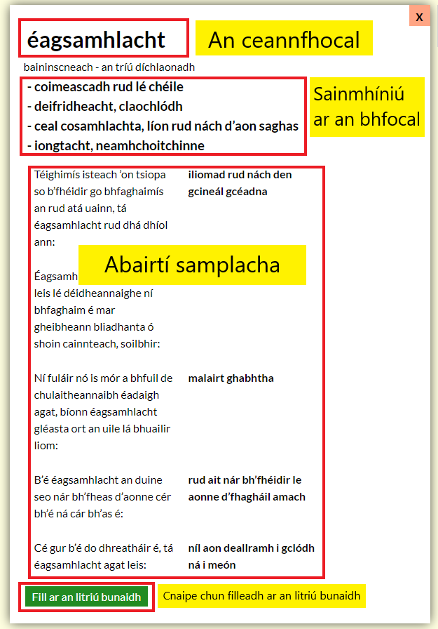 Eolas faoi na míreanna éagsúla sa bhosca éagsamhlacht